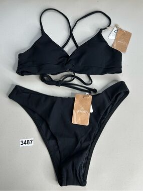 Berlook Bikini Set Medium Black Ribbed Backless Top Low Waisted Bottom New